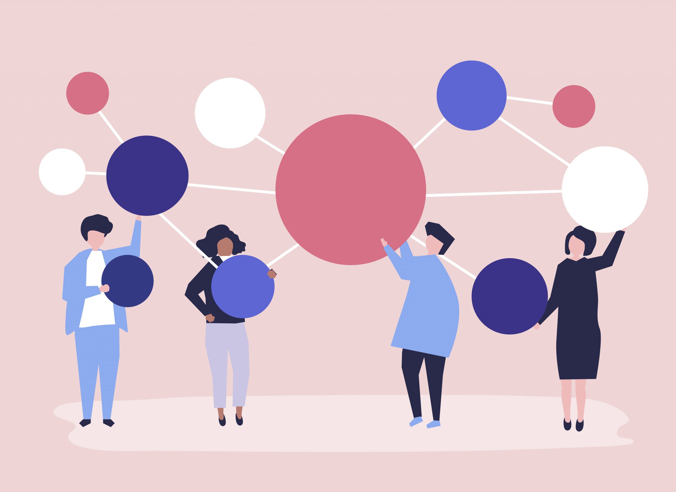 People holding connected copy space circle icons illustration
